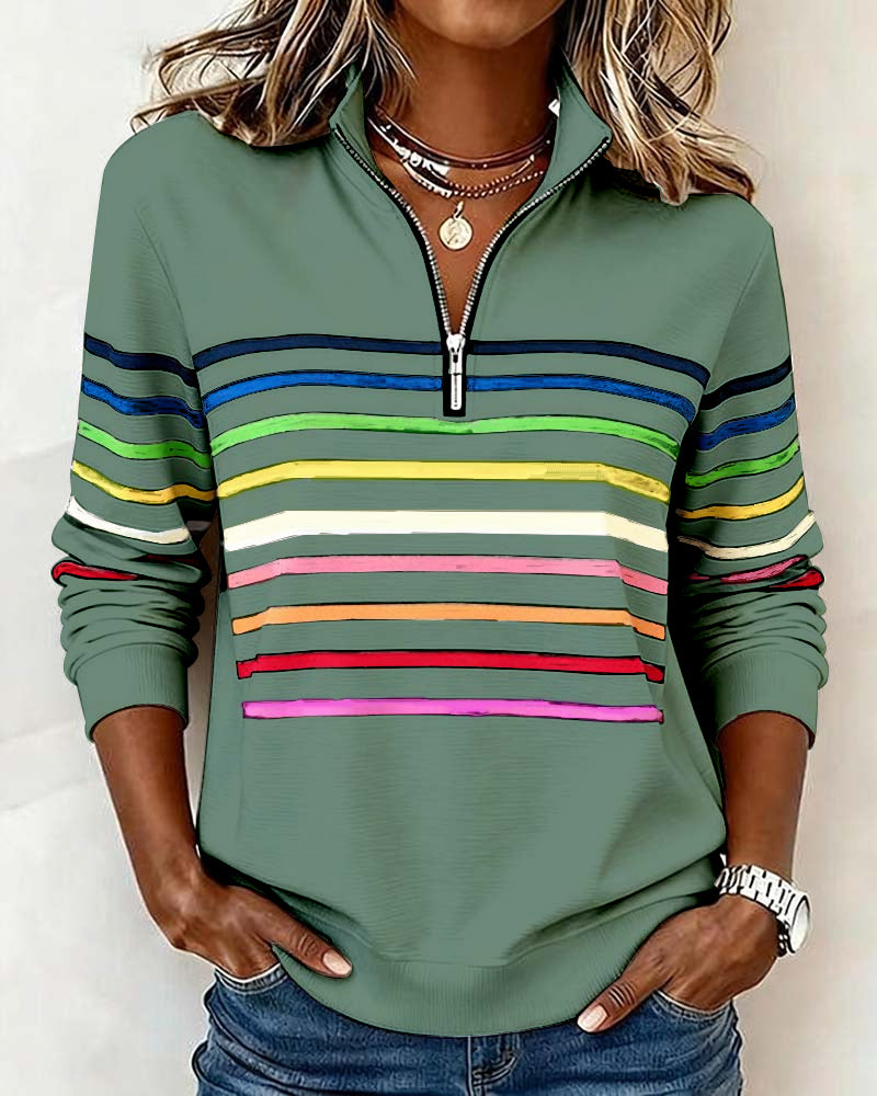 Sweat À Col Zippé À Moitié Avec Rayures Arc-En-Ciel Tendance