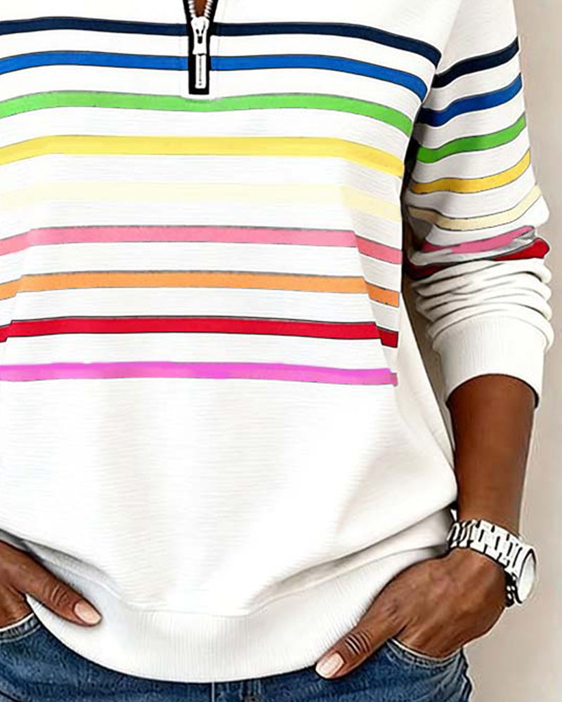 Sweat À Col Zippé À Moitié Avec Rayures Arc-En-Ciel Tendance