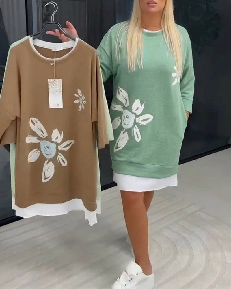 Robe Sweatshirt Col Rond Imprimé Patchwork