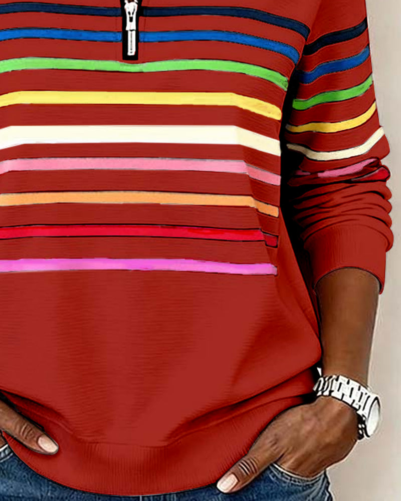 Sweat À Col Zippé À Moitié Avec Rayures Arc-En-Ciel Tendance