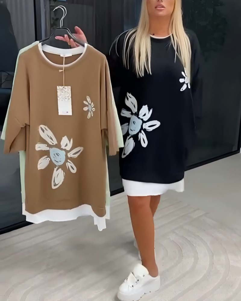 Robe Sweatshirt Col Rond Imprimé Patchwork