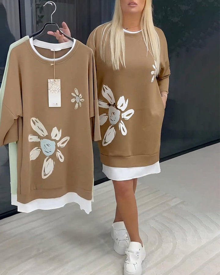 Robe Sweatshirt Col Rond Imprimé Patchwork