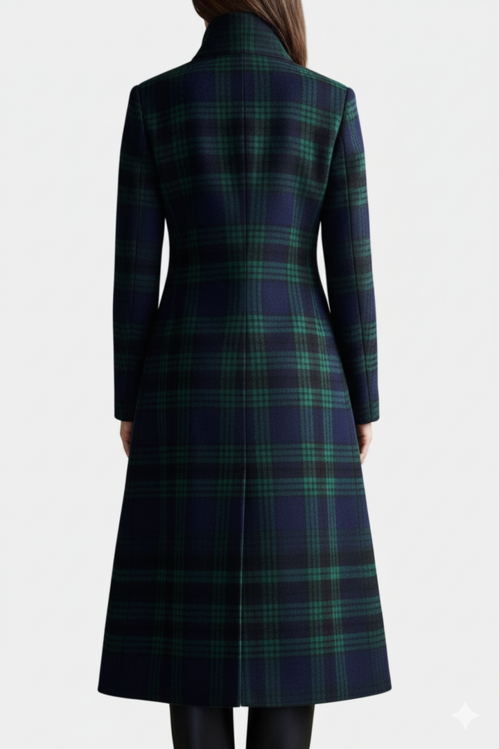 Caterina | Manteau Midi Rétro à Carreaux Bleu-Vert Bicolores