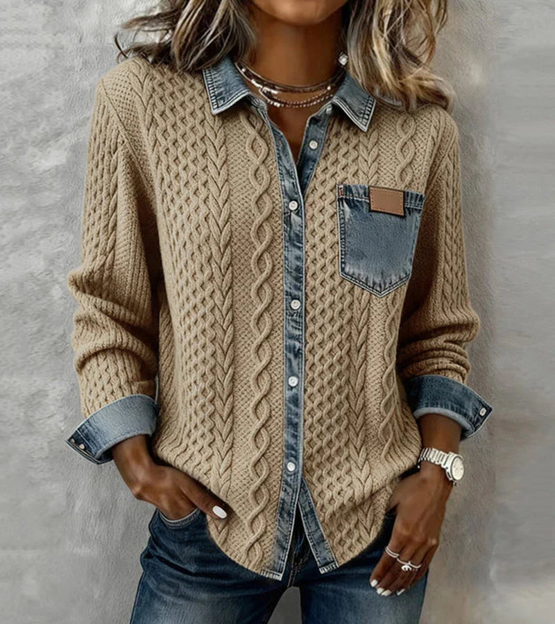 Ambra | Top en maille patchwork avec détails en denim