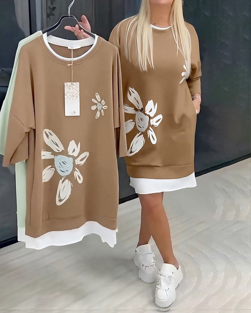 Robe Sweatshirt Col Rond Imprimé Patchwork