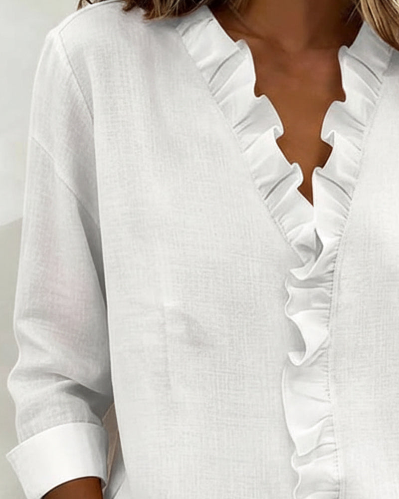 Blouse Froncé Col En V Manches Longues