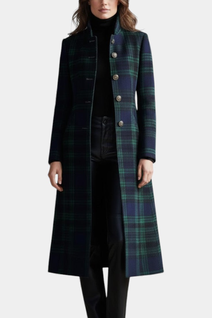 Caterina | Manteau Midi Rétro à Carreaux Bleu-Vert Bicolores