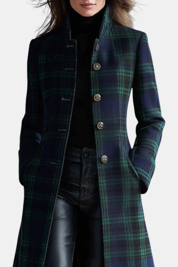 Caterina | Manteau Midi Rétro à Carreaux Bleu-Vert Bicolores