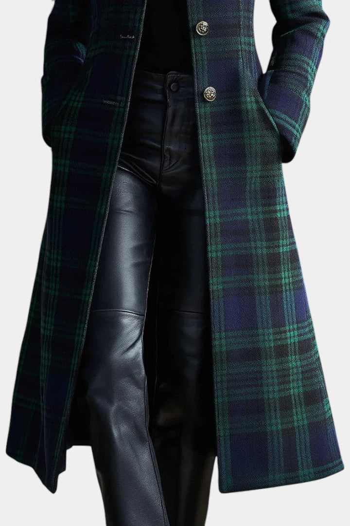 Caterina | Manteau Midi Rétro à Carreaux Bleu-Vert Bicolores