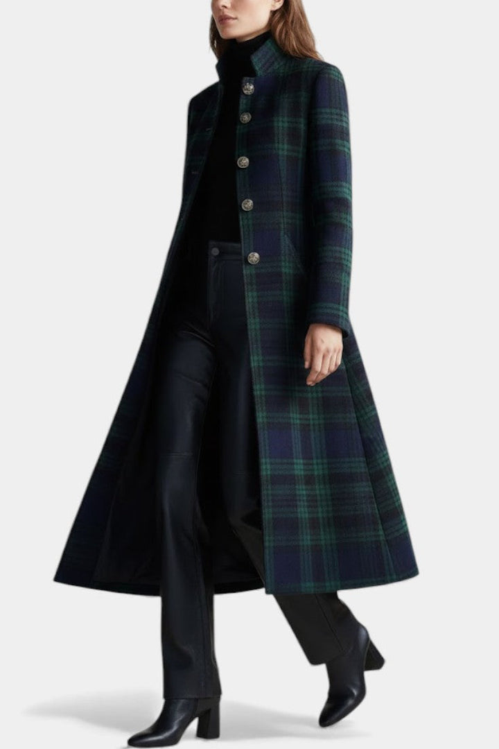 Caterina | Manteau Midi Rétro à Carreaux Bleu-Vert Bicolores