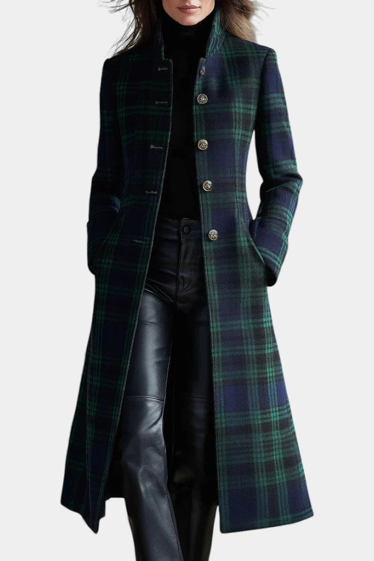 Caterina | Manteau Midi Rétro à Carreaux Bleu-Vert Bicolores